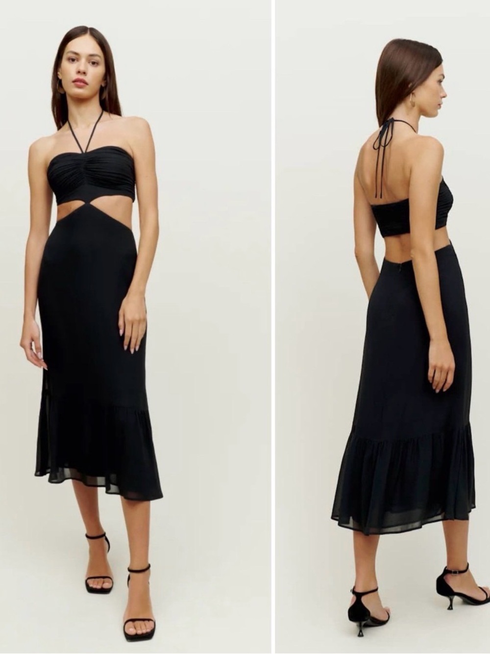 NWT Reformation Riya Midi Dress Black halter Side Cutout Ruffle hem open back 8